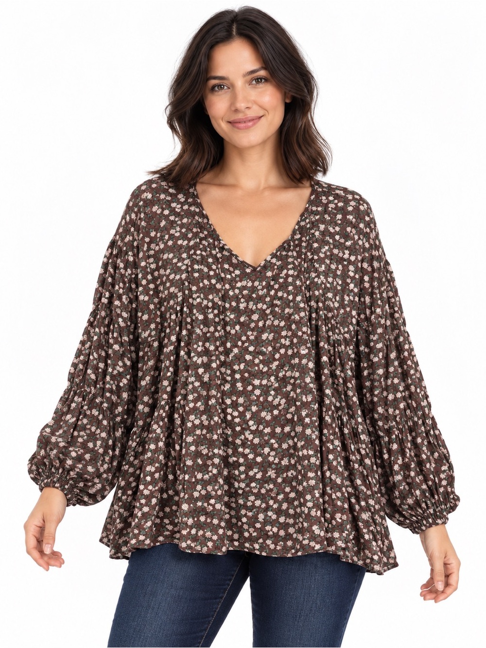 easel Brown Floral V-Neck Flowing Tunic